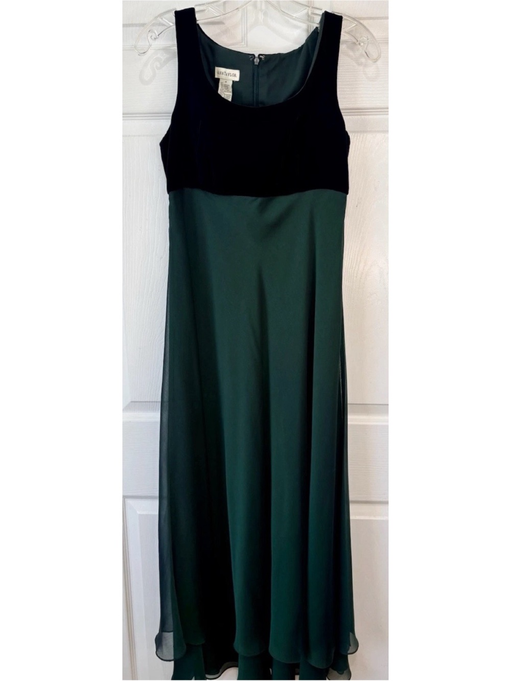 Y2K ANN TAYLOR Velvet/Chiffon Emerald Green Sleeveless WhimsyGoth Evening Gown~6